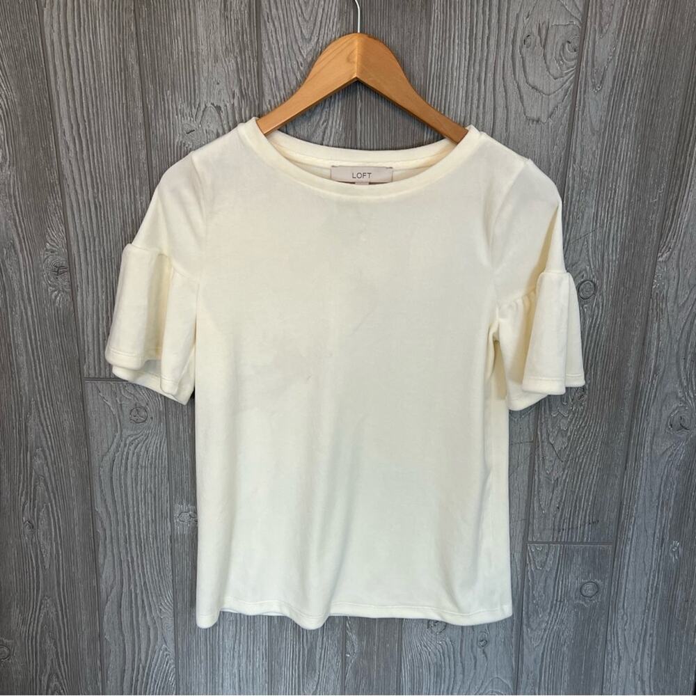 Loft Short Sleeve Velvet Ruffle Cuff Top White